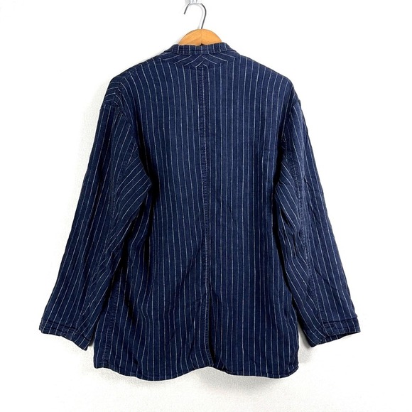 Smythe Navy Blue Pinstripe Linen Blend Blazer Jacket Womens Large Made in Canada - Picture 3 of 11